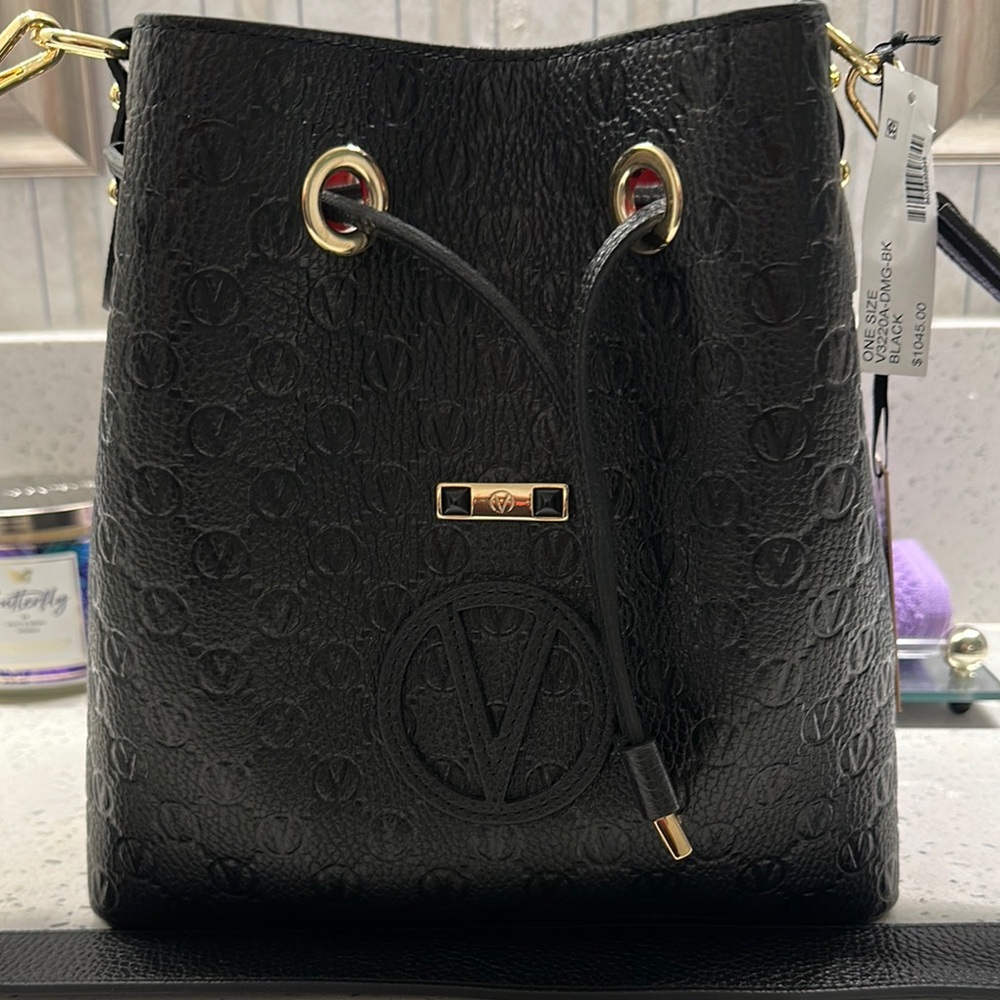 Valentino Black and Gold Shoulder Bag with Embossed Detailing